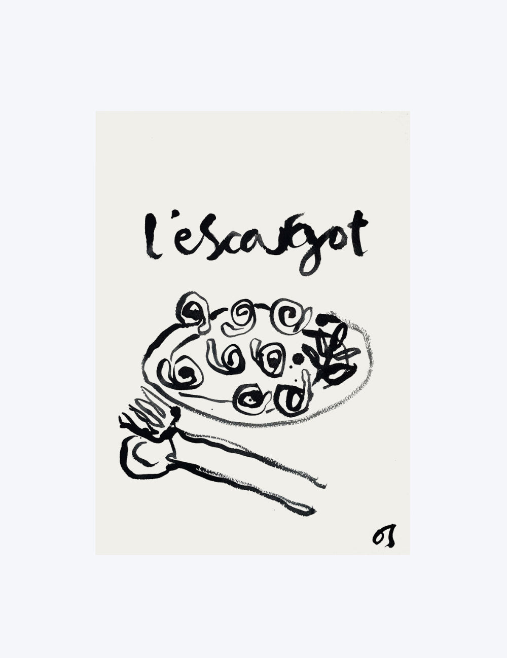 Illustration of a plate with snails and a fork, accompanied by the text 'L'escargot' on a beige background.