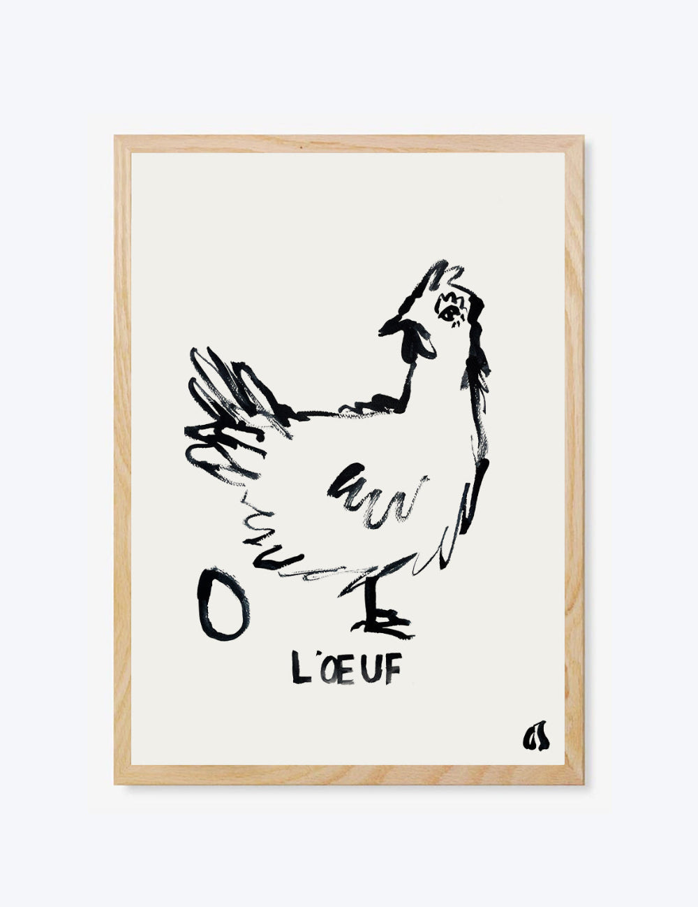 Framed artwork of a black line drawing of a rooster with 'Loéuf' text on a white background
