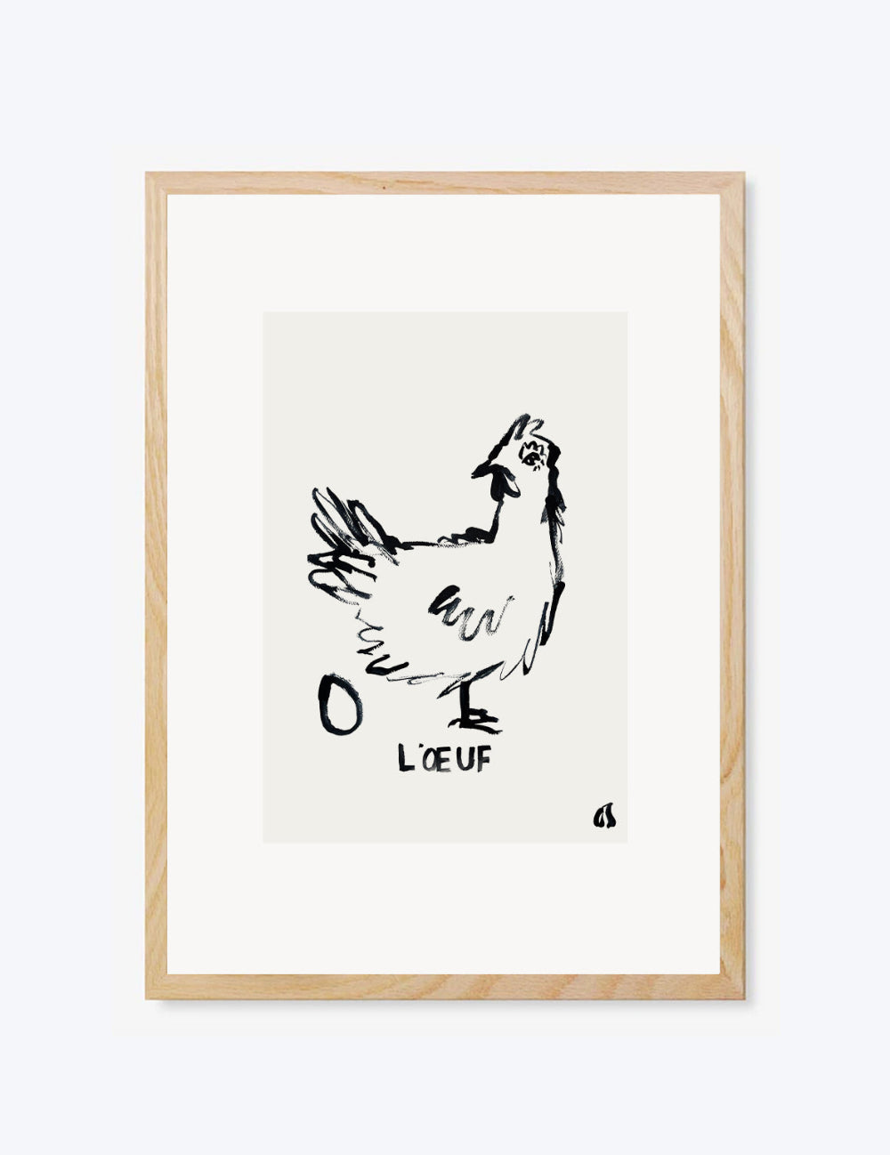 Framed artwork of a black line drawing of a rooster with 'L'OEUF' text on a white background