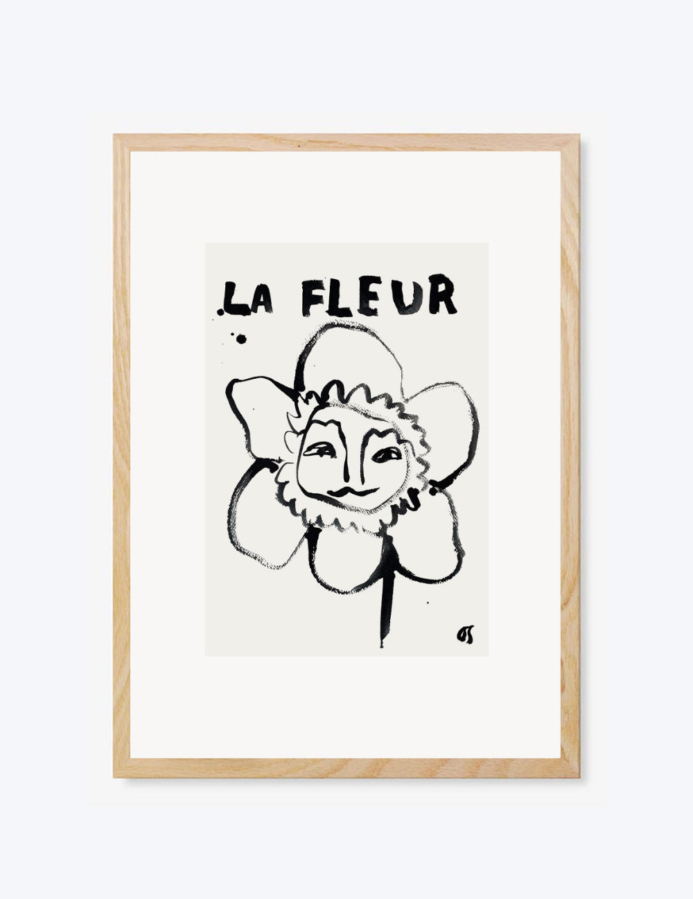 Framed artwork with a black and white illustration and 'La Fleur' text on a white background