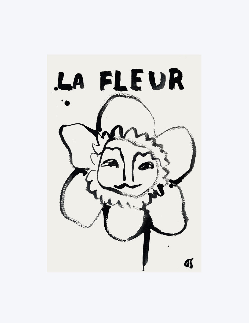 Illustration of a character with 'La Fleur' text above on a beige background