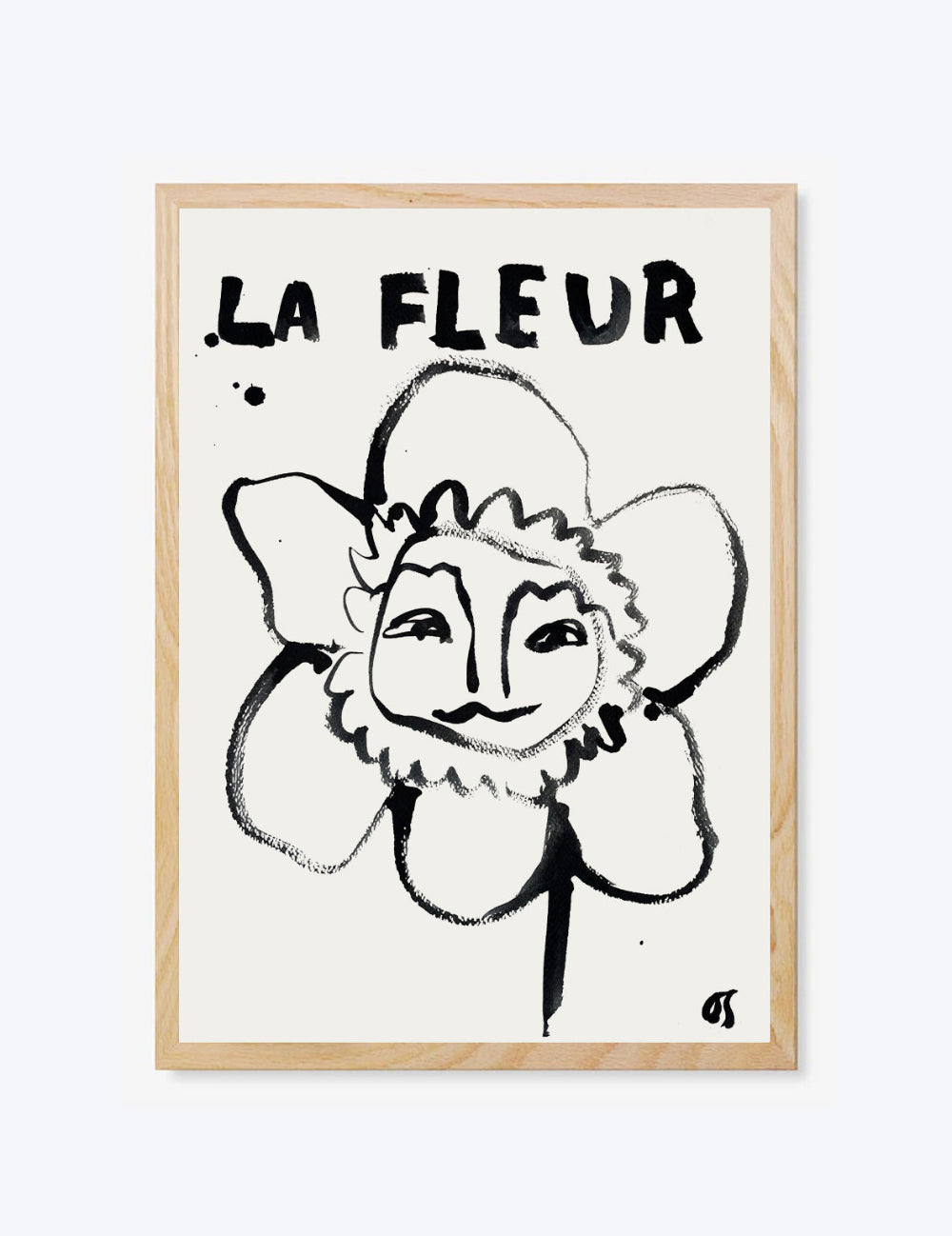Framed artwork with a stylized illustration of a face on a flower and 'La Fleur' text on a white background