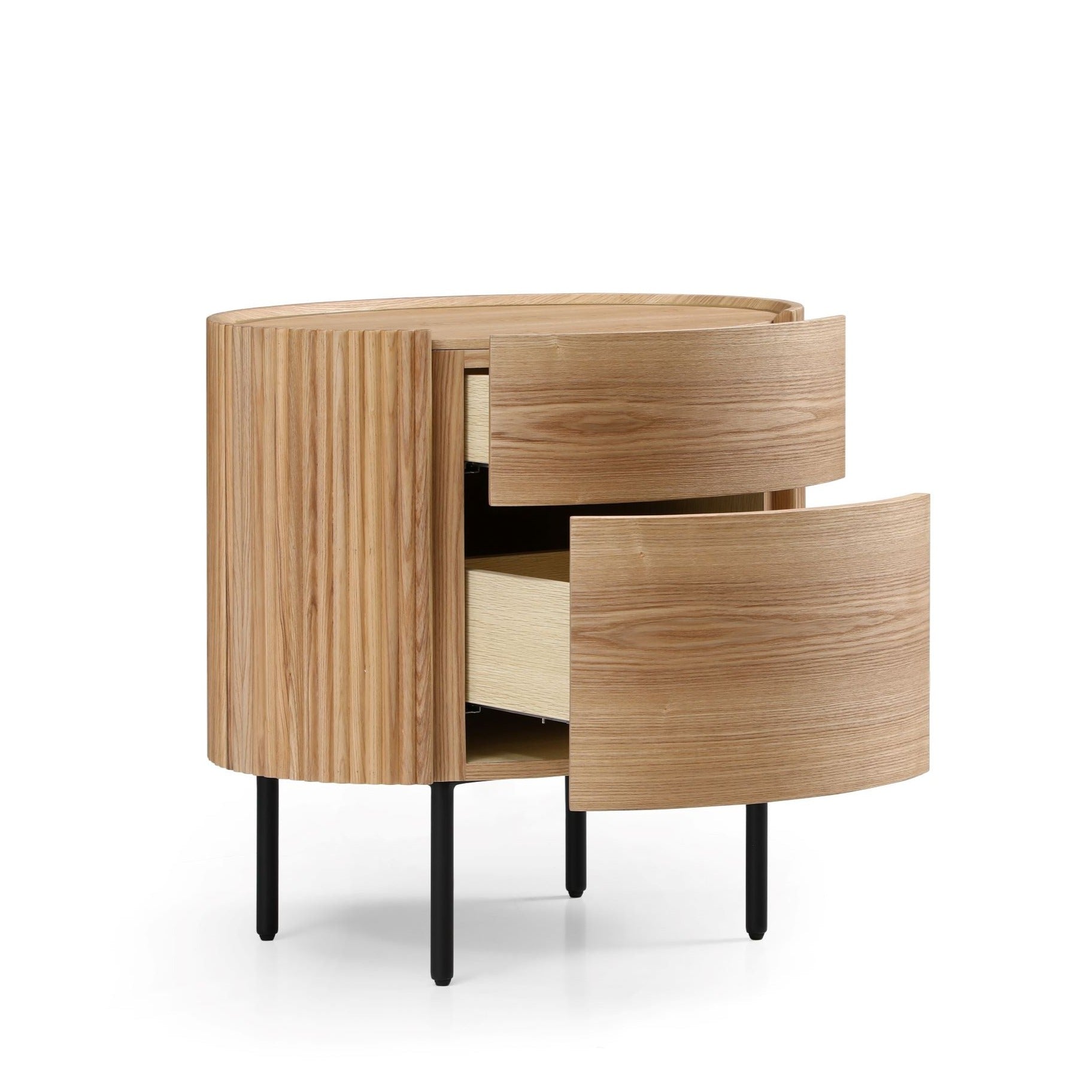 Wooden side table with two drawers on a white background