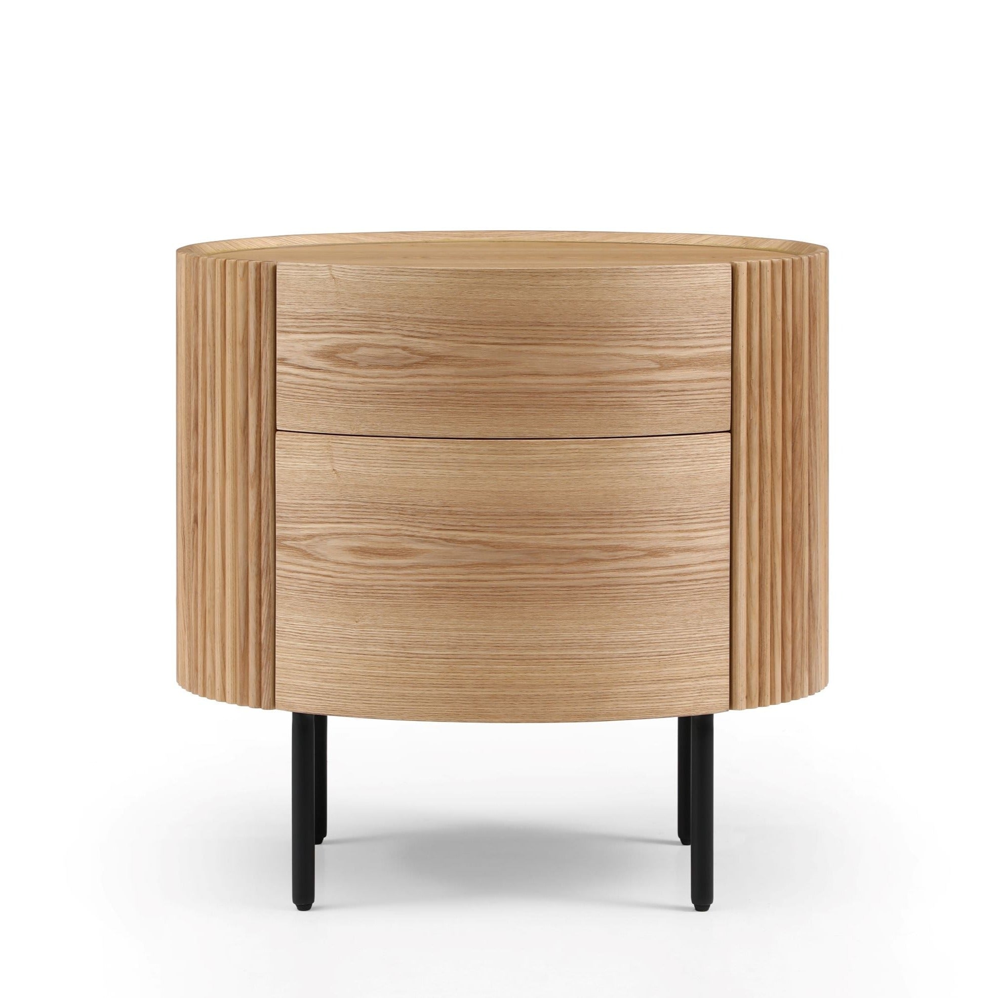 Wooden beside table with a white background and two drawers