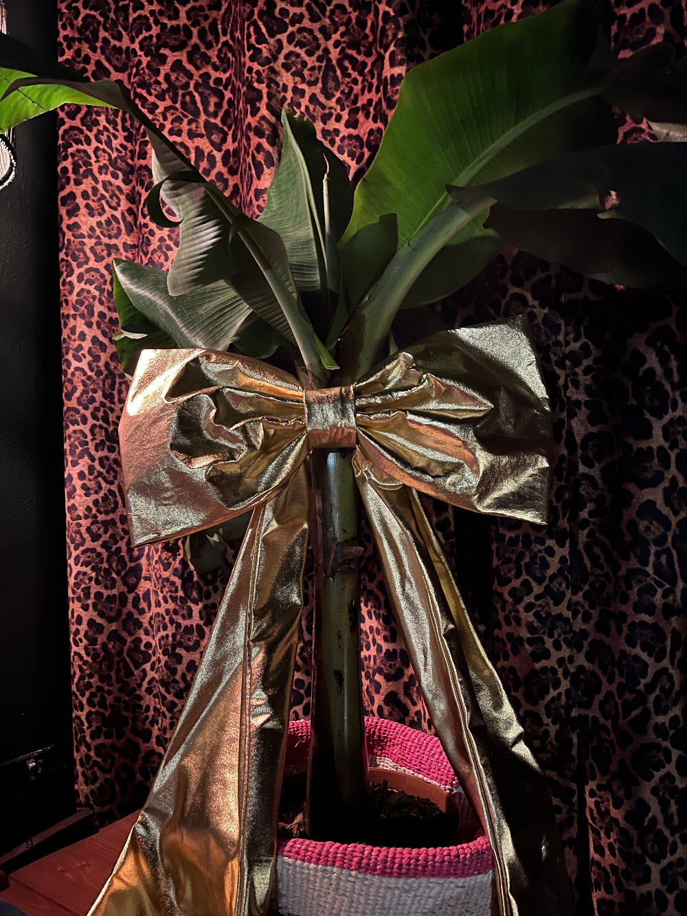 Large gold Christmas bow used for bold festive styling around the home