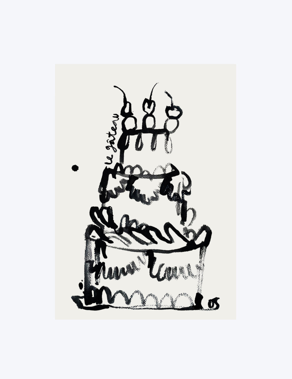 Black and white illustration of a three-tiered cake with candles on a beige background