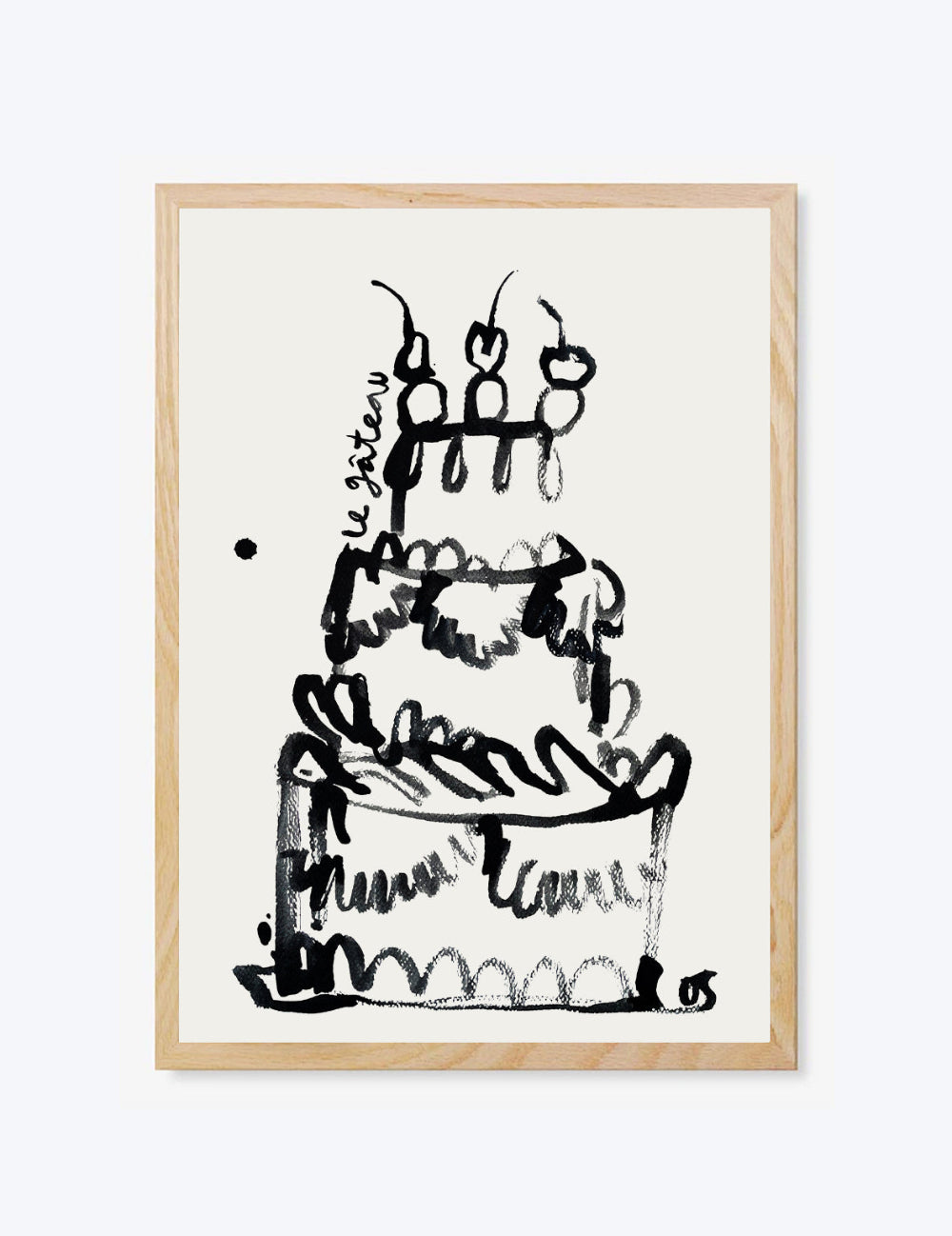 Framed black and white illustration of a three-tiered cake with candles on a white background