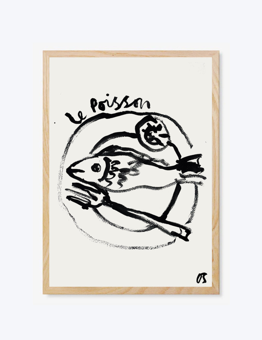 Framed artwork of a fish dish with text on a white background