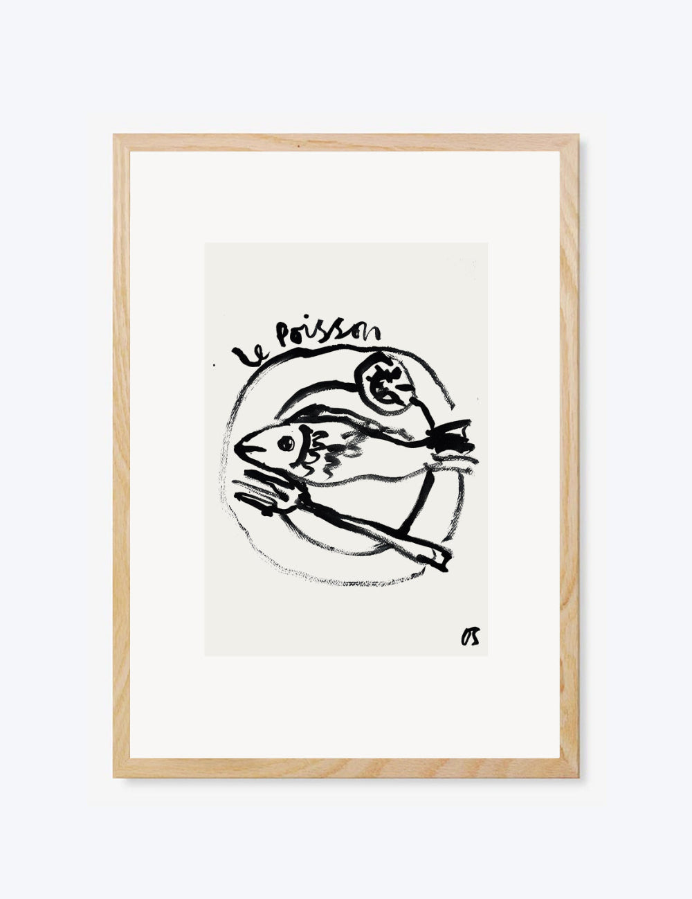 Framed artwork with black ink drawing of a fish on a plate, titled 'Le Poisson', against a white background.