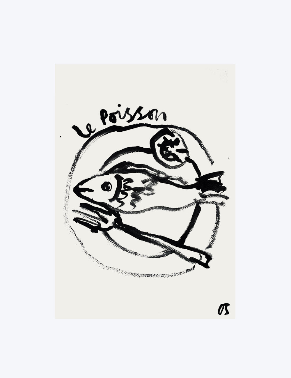 Black and white illustration of a fish on a plate with 'Le Poisson' text.