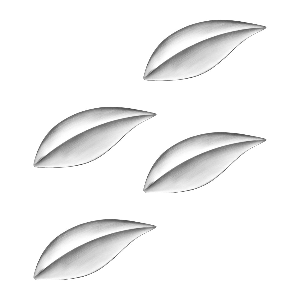 four silver leaf-shaped spoons on a white background