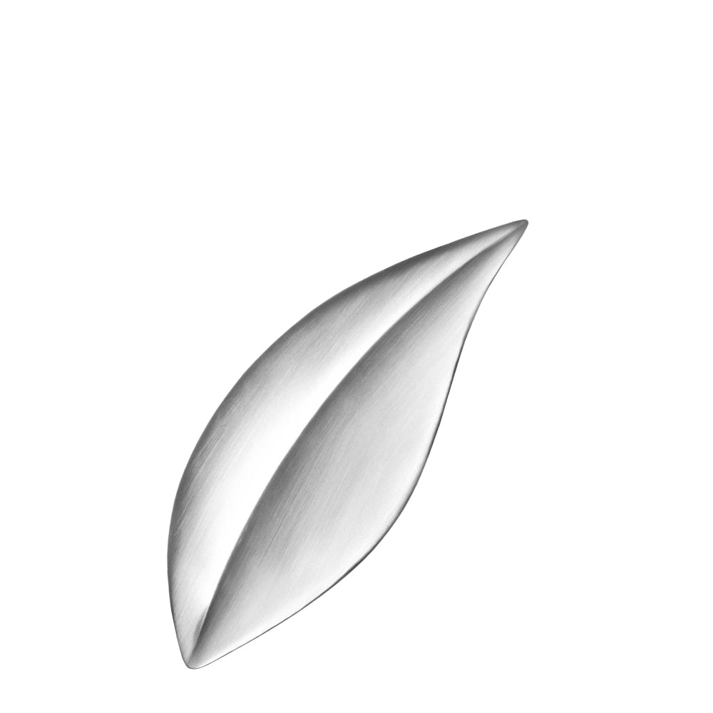 Silver leaf-shaped spoon on a white background