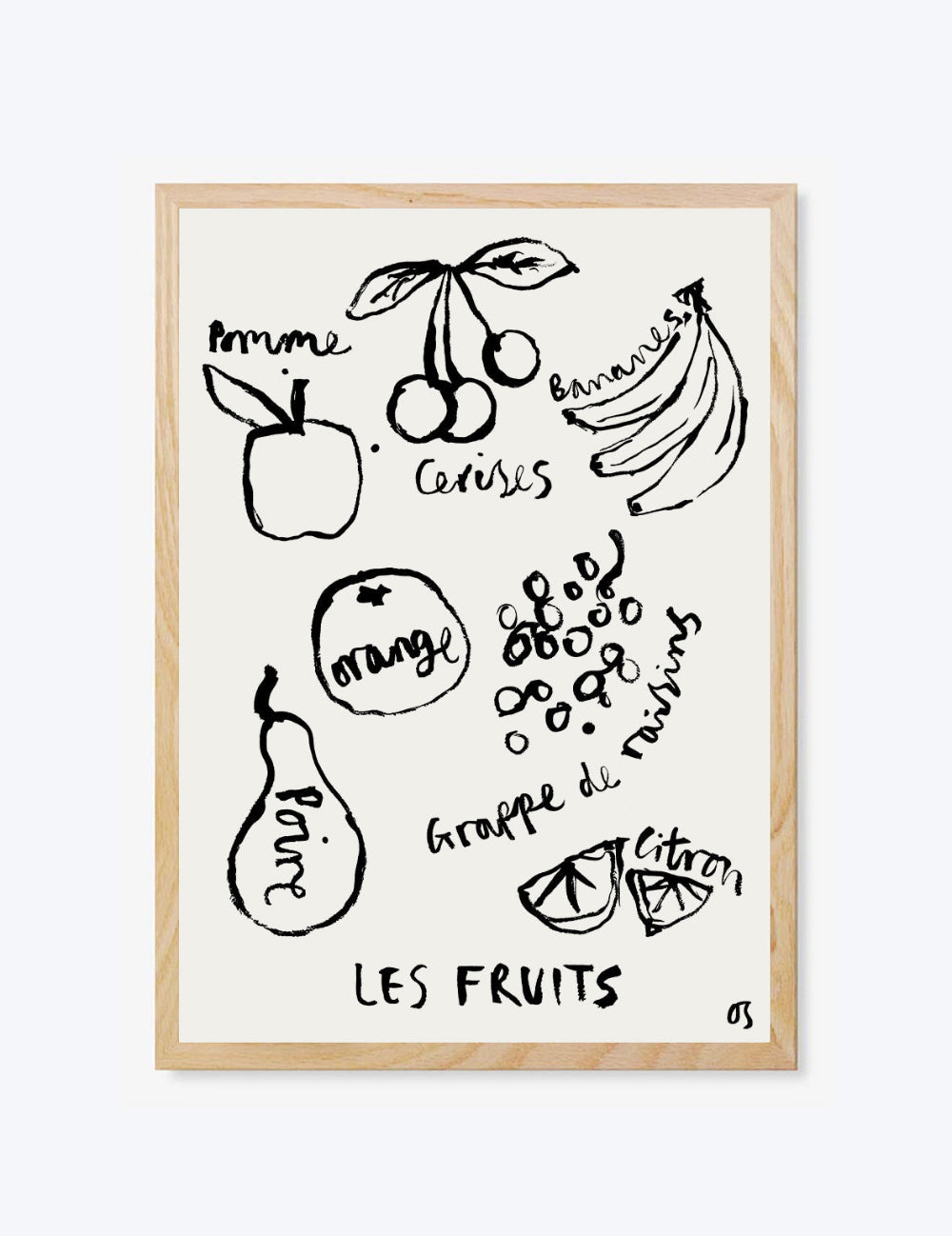 Framed artwork with black line drawings of fruits and vegetables on a white background