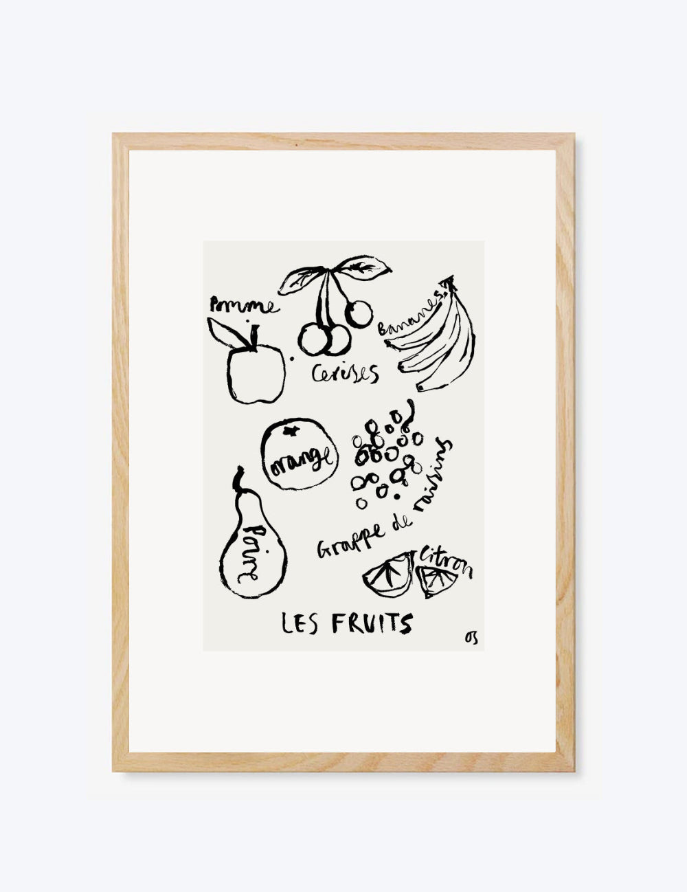Framed artwork with black line drawings of fruits and vegetables on a white background