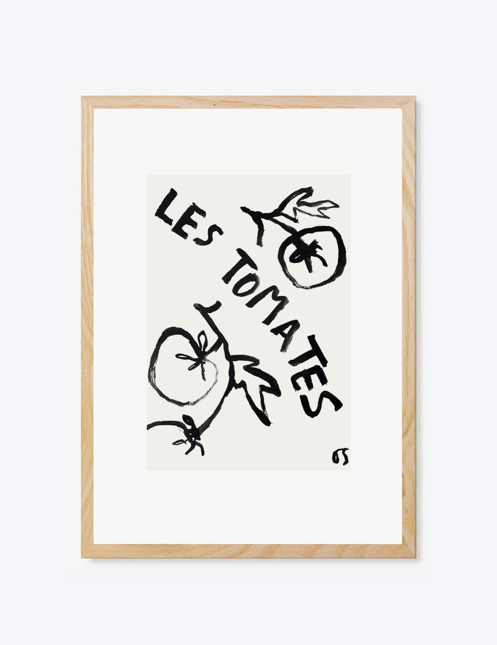 Framed artwork with 'LES TOMATES' text and tomato illustrations on a white background