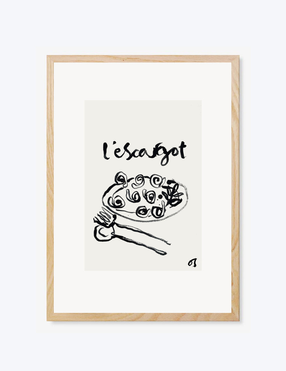 Framed artwork with a black and white illustration of a dish and 'l'escargot' text on a white background