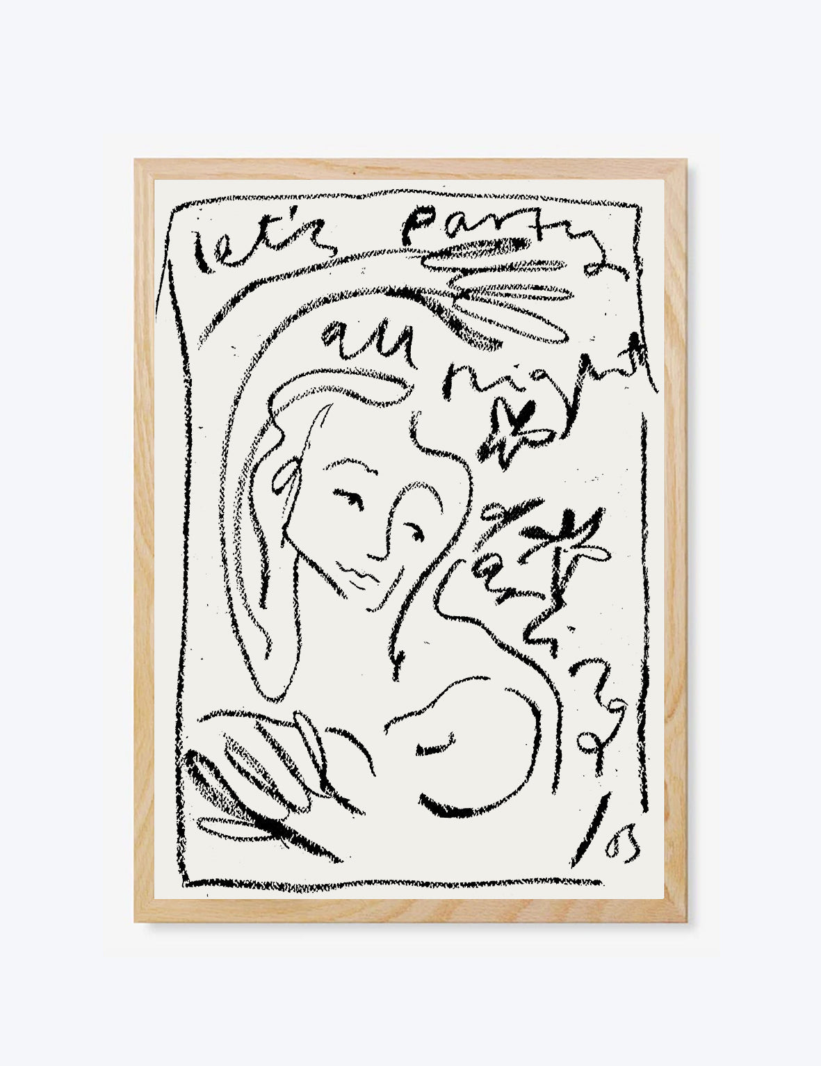 Framed black and white artwork of a woman with lets party all night darling on a white background