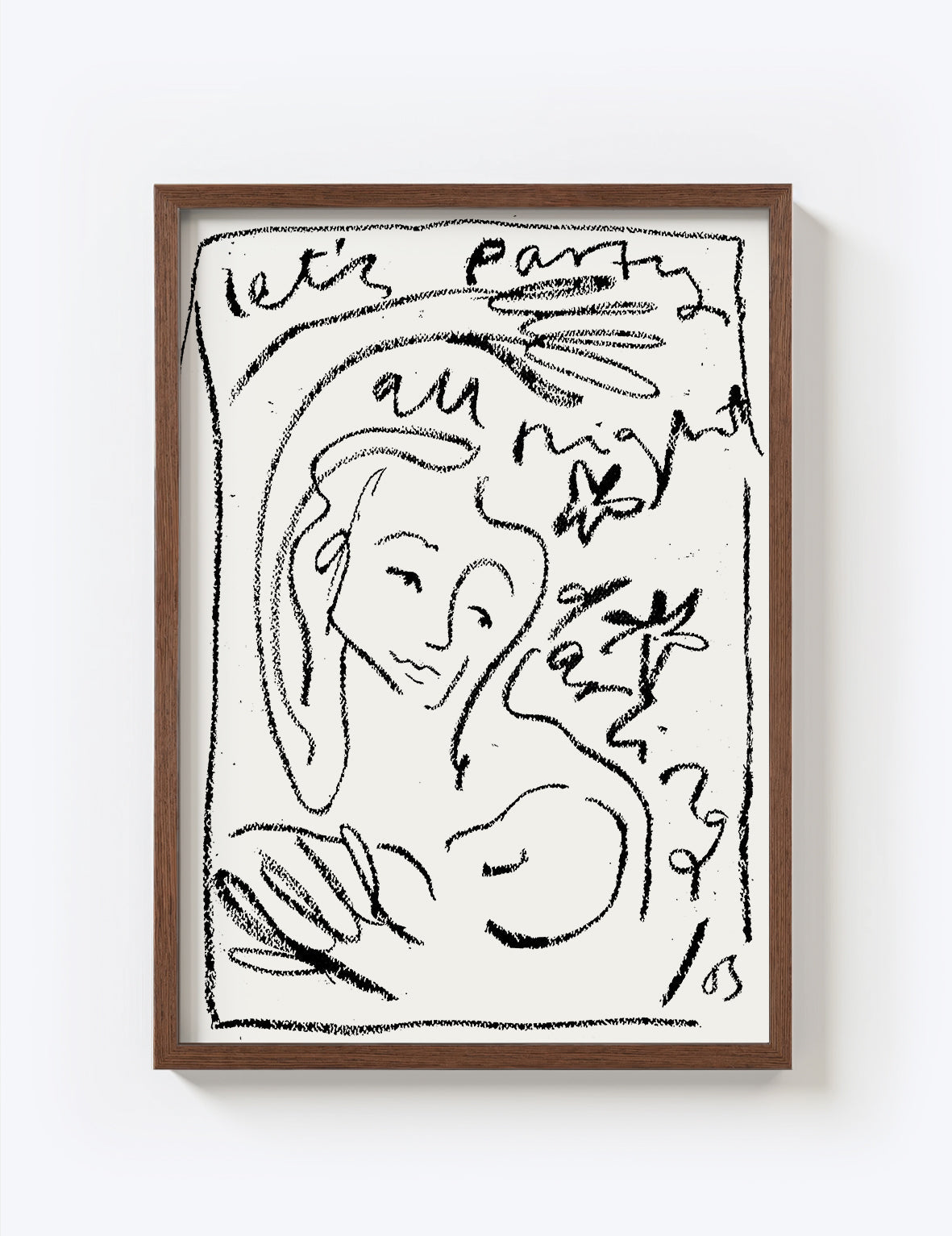 Framed black and white artwork of a woman with text on a white background