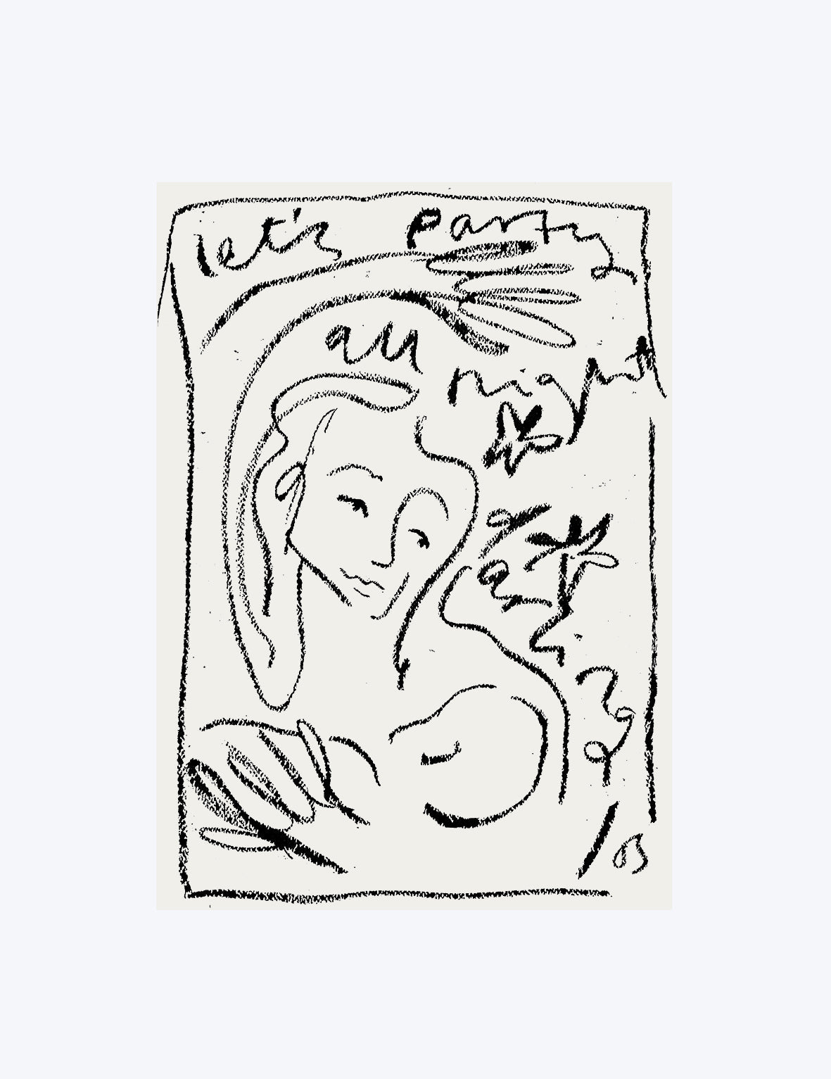 Artistic depiction of a woman with text 'Let's party all night' on a white background