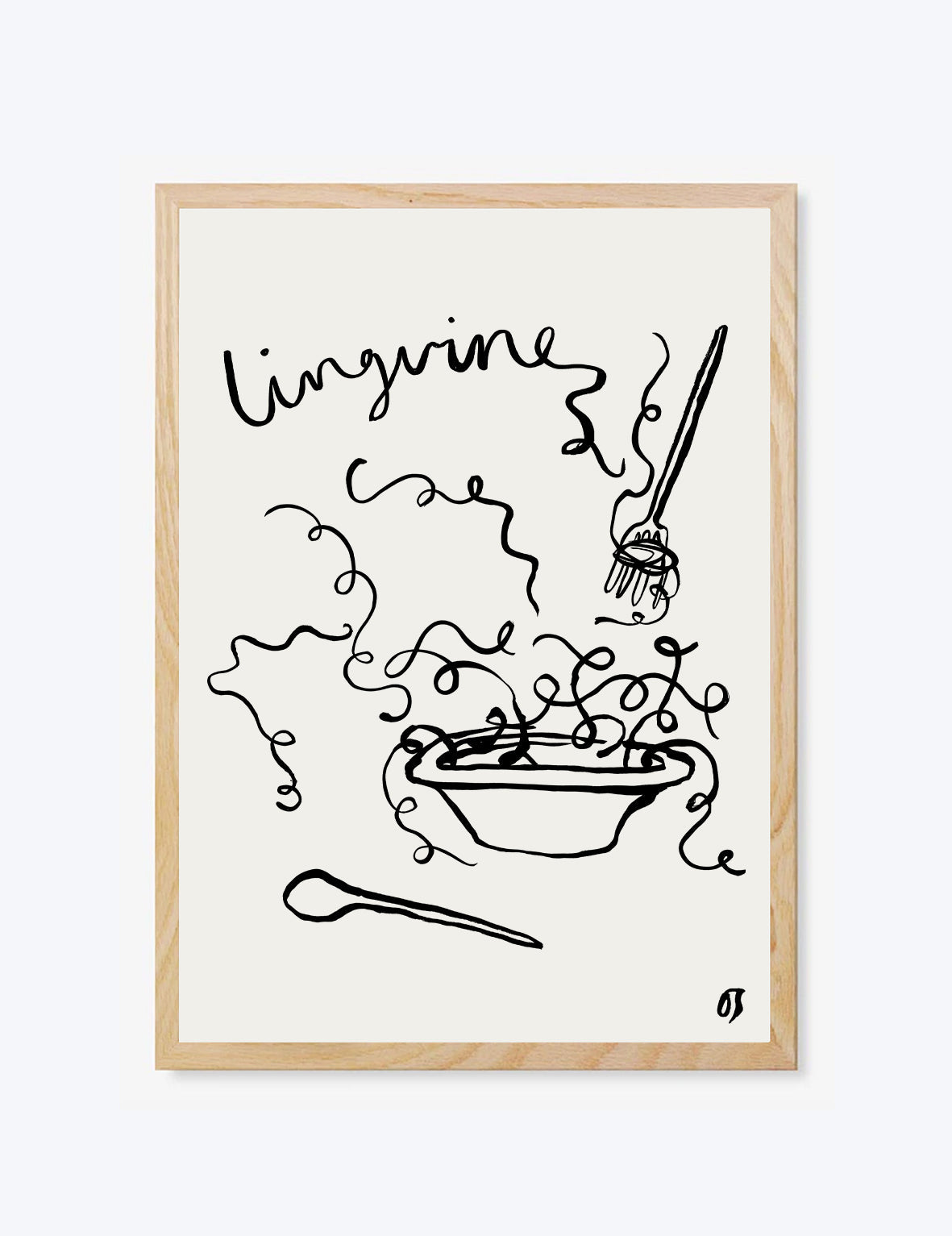 Framed artwork of a black line drawing of a bowl with pasta and utensils on a white background.