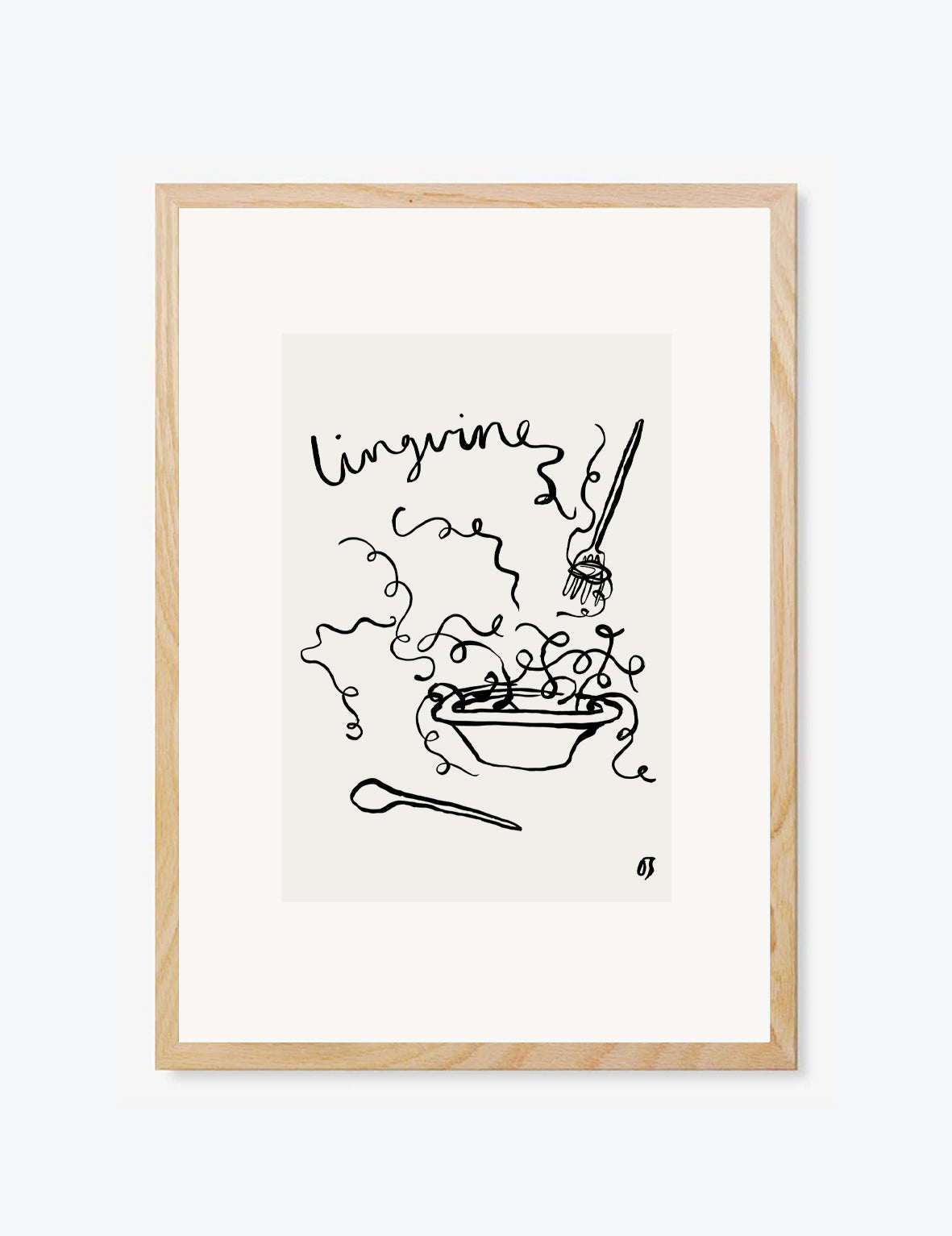 Framed artwork with a black line drawing of a bowl of soup and the word 'Linguine' on a white background.