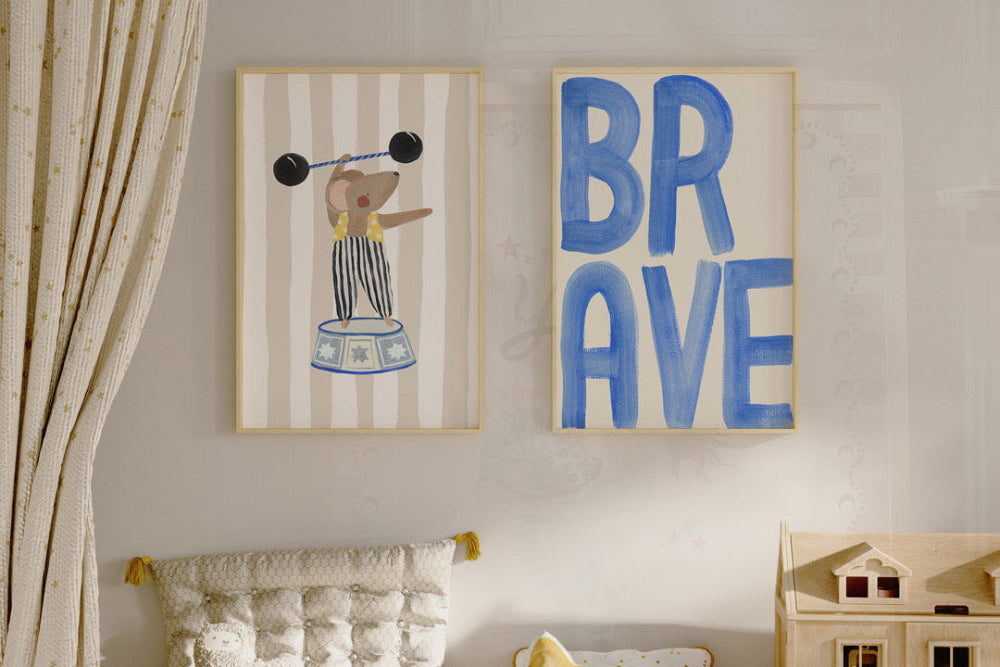 Children's room with a bed, toys, and wall art including a bear illustration and the word 'BRAVE'.