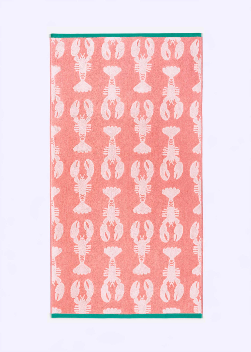 Towel with white lobster pattern on a coral background