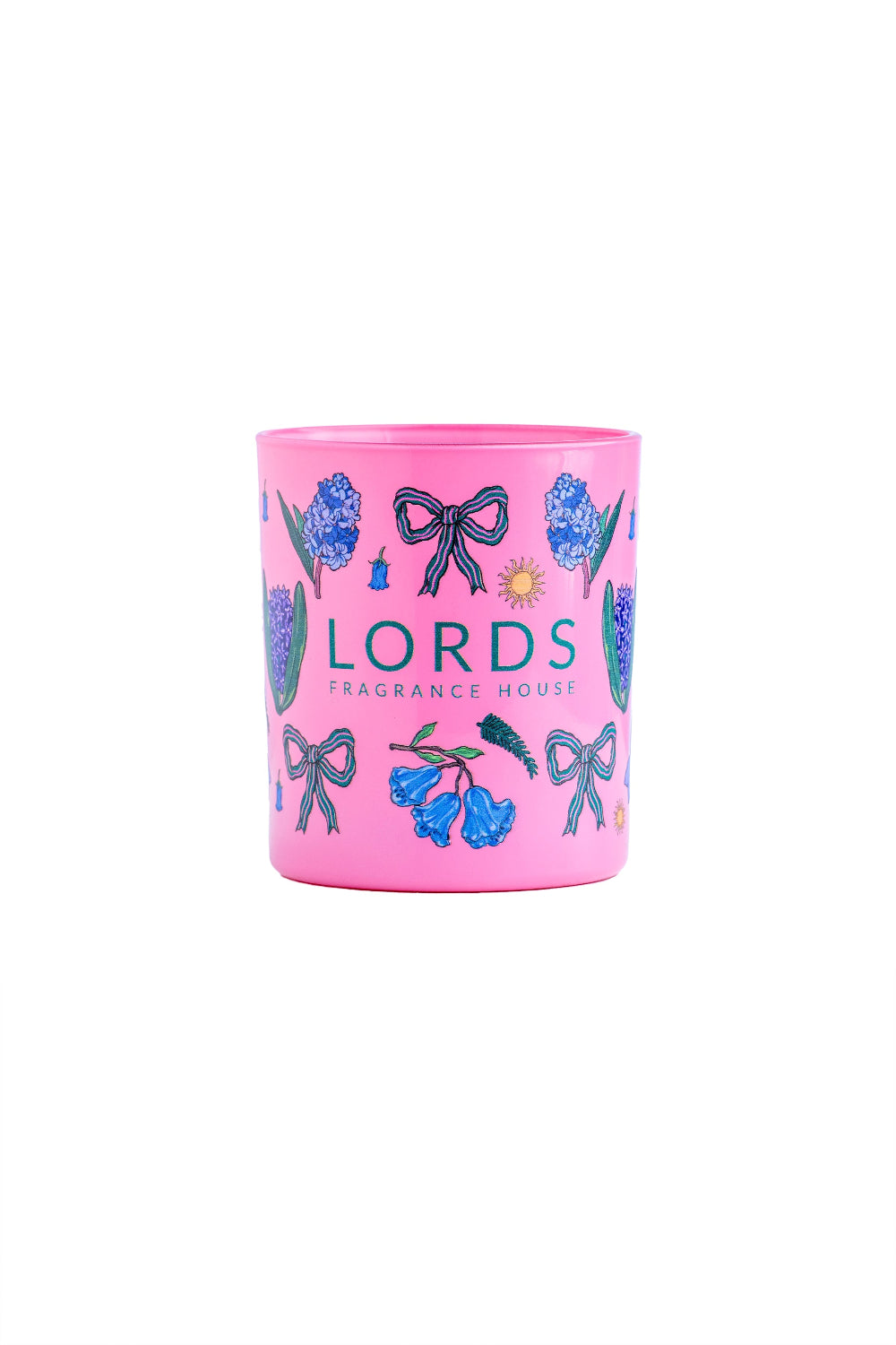 Pink candle with decorative elements and 'Lords Fragrance House' branding on a white background