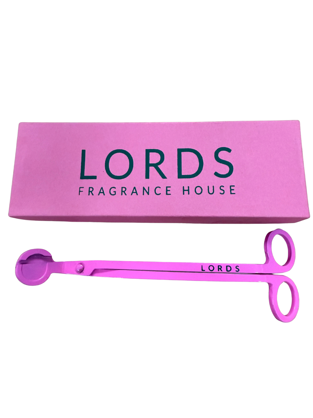 Pink wick trimmer with 'LORDS' branding next to a pink box labeled 'LORDS Fragrance House' on a white background