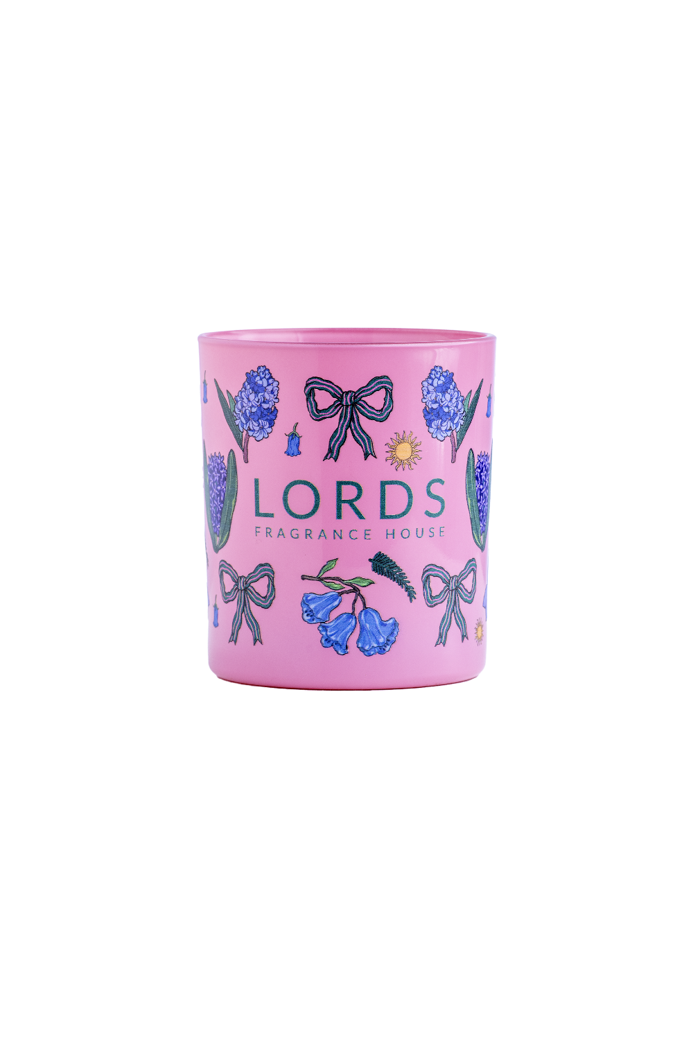 Pink candle with decorative elements and 'LORDS' branding on a white background