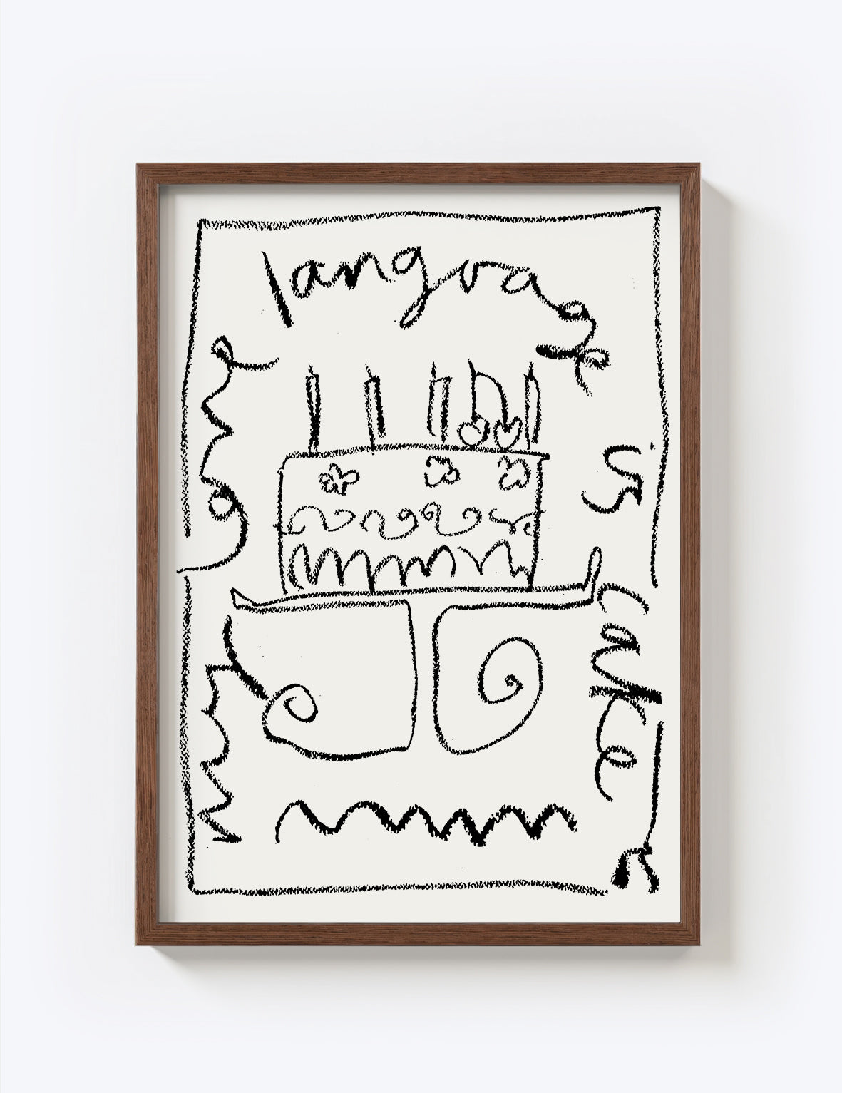 Framed black and white drawing of a cake with candles on a white wall
