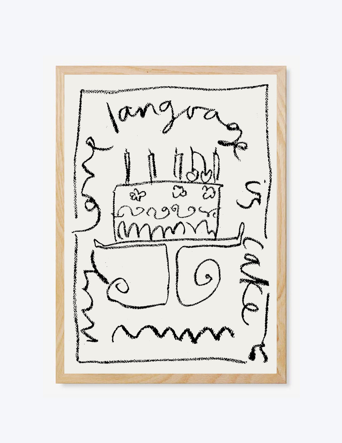 Framed artwork with a black and white drawing of a cake and text on a white background