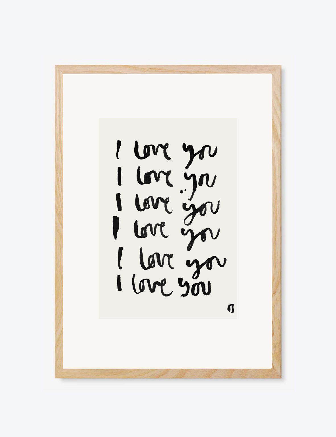 Framed print with 'I love you' text on a white background
