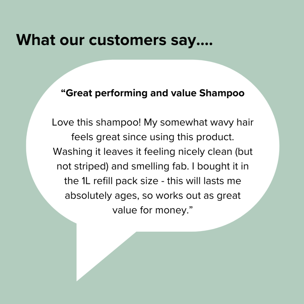 Customer review of a shampoo product on a light green background