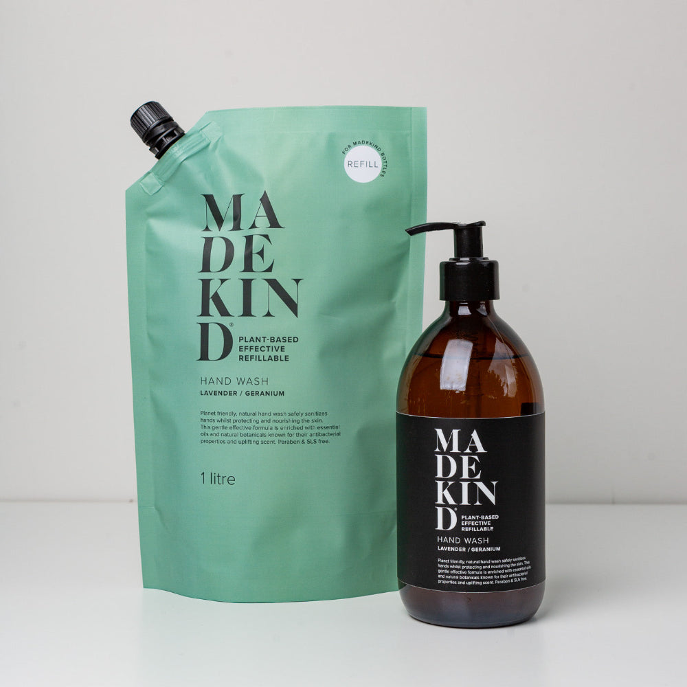 MadeKind hand wash packaging including a green refill pouch and brown bottle on a white background