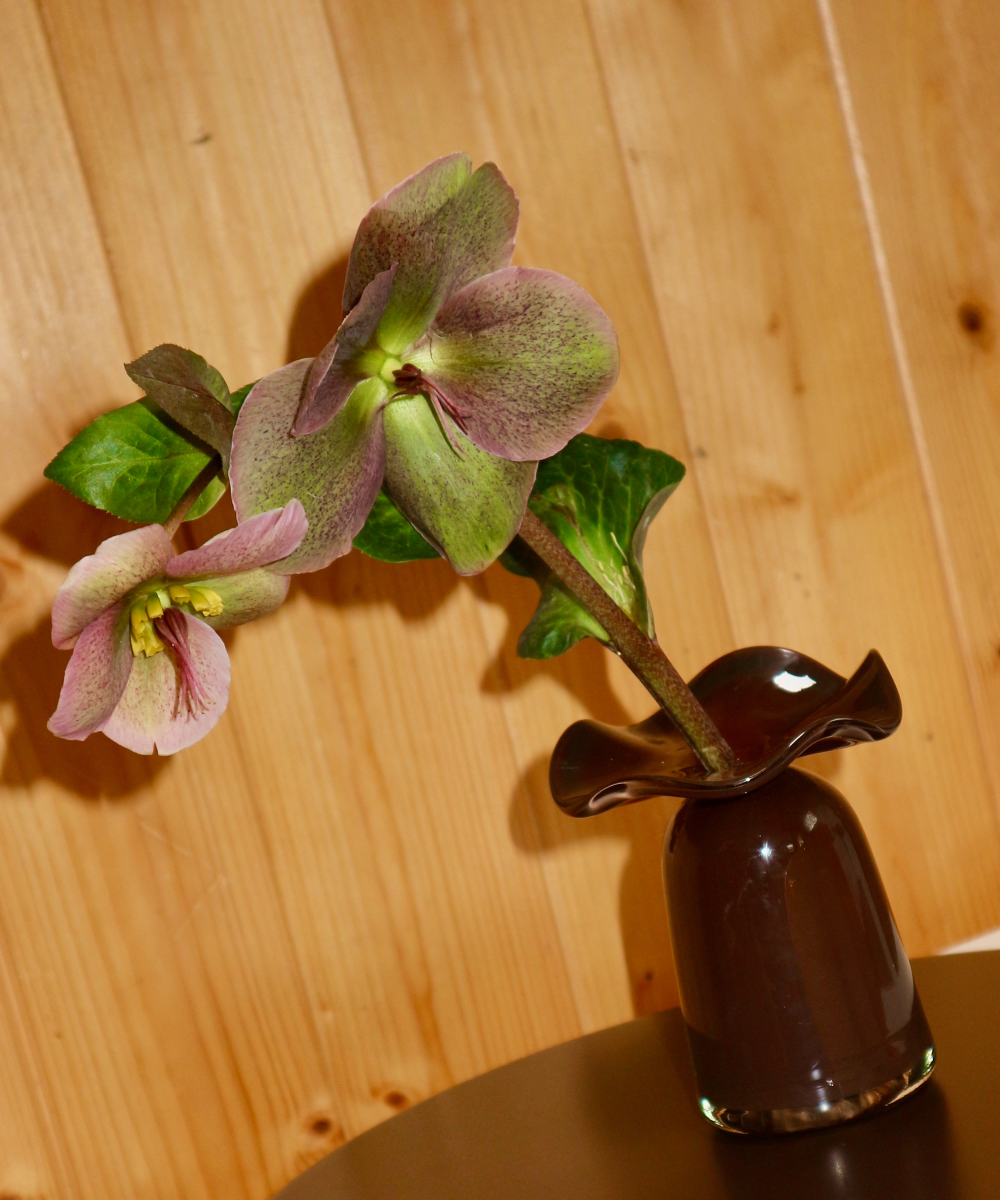 Small brown vase with a single stem of pink and green flowers against a wooden background