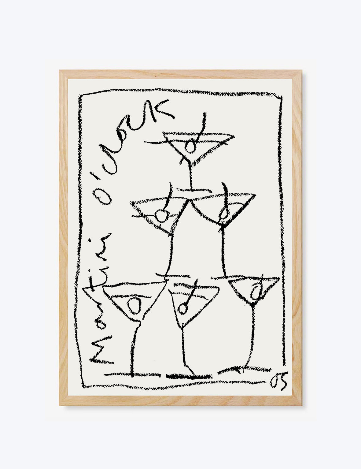 Framed artwork of black line drawings of martini glasses on a white background