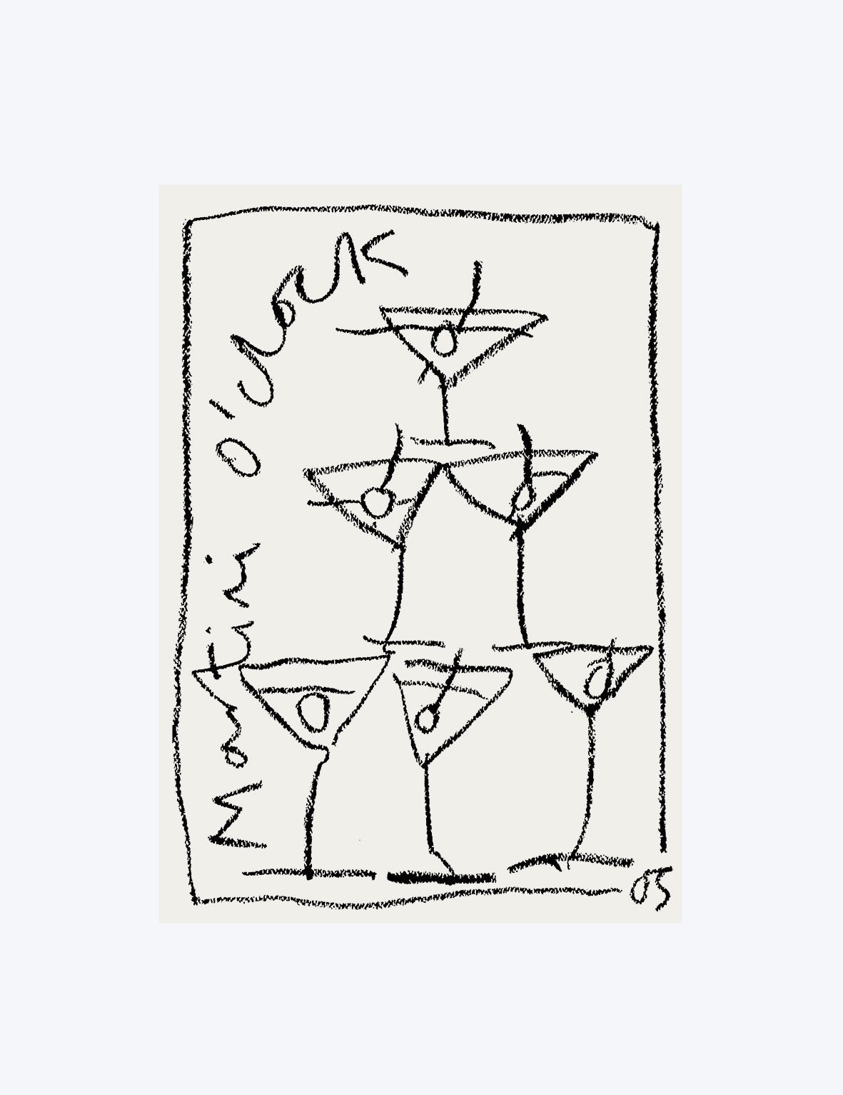 Black and white illustration of martini glasses with 'Martini oclock' text on a light background