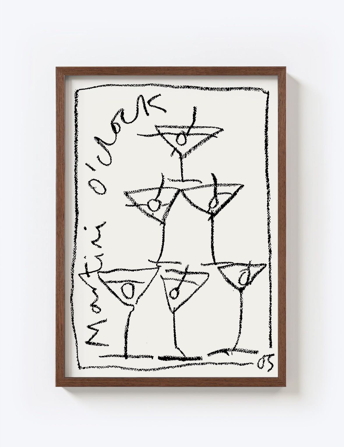 Framed black and white drawing of martini glasses on a white background