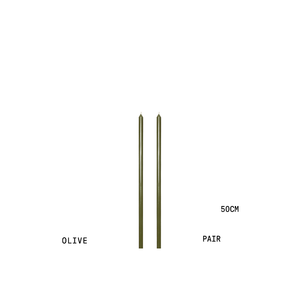 Two olive-coloured candle sticks with measurement label on a white background