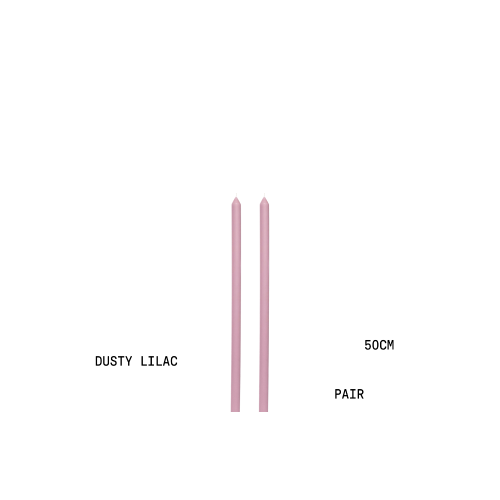 Two pink candles labelled 'Dusty Lilac' with dimensions on a white background