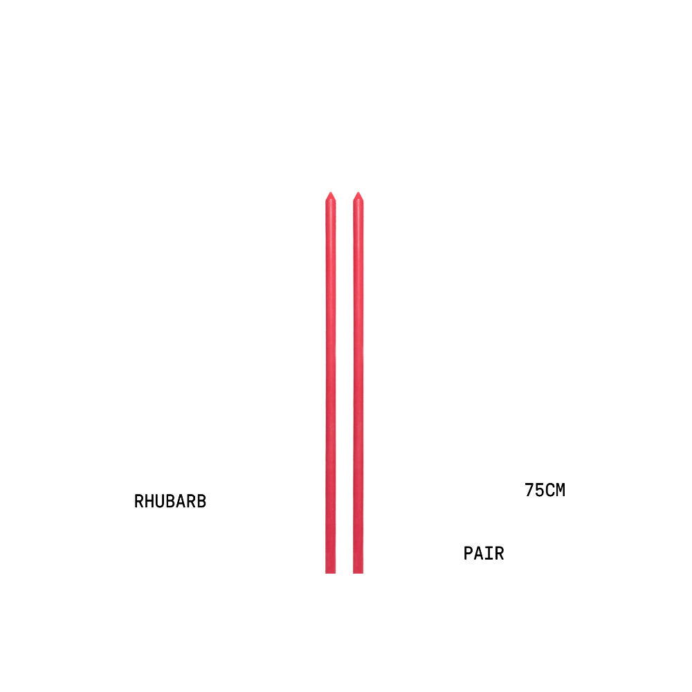 Two red rhubarb candle sticks with measurements on a white background