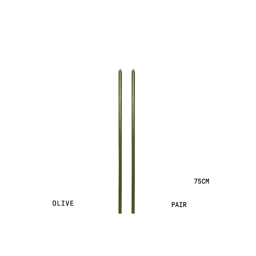Two olive-coloured handpoured tapered candles with dimensions on a white background