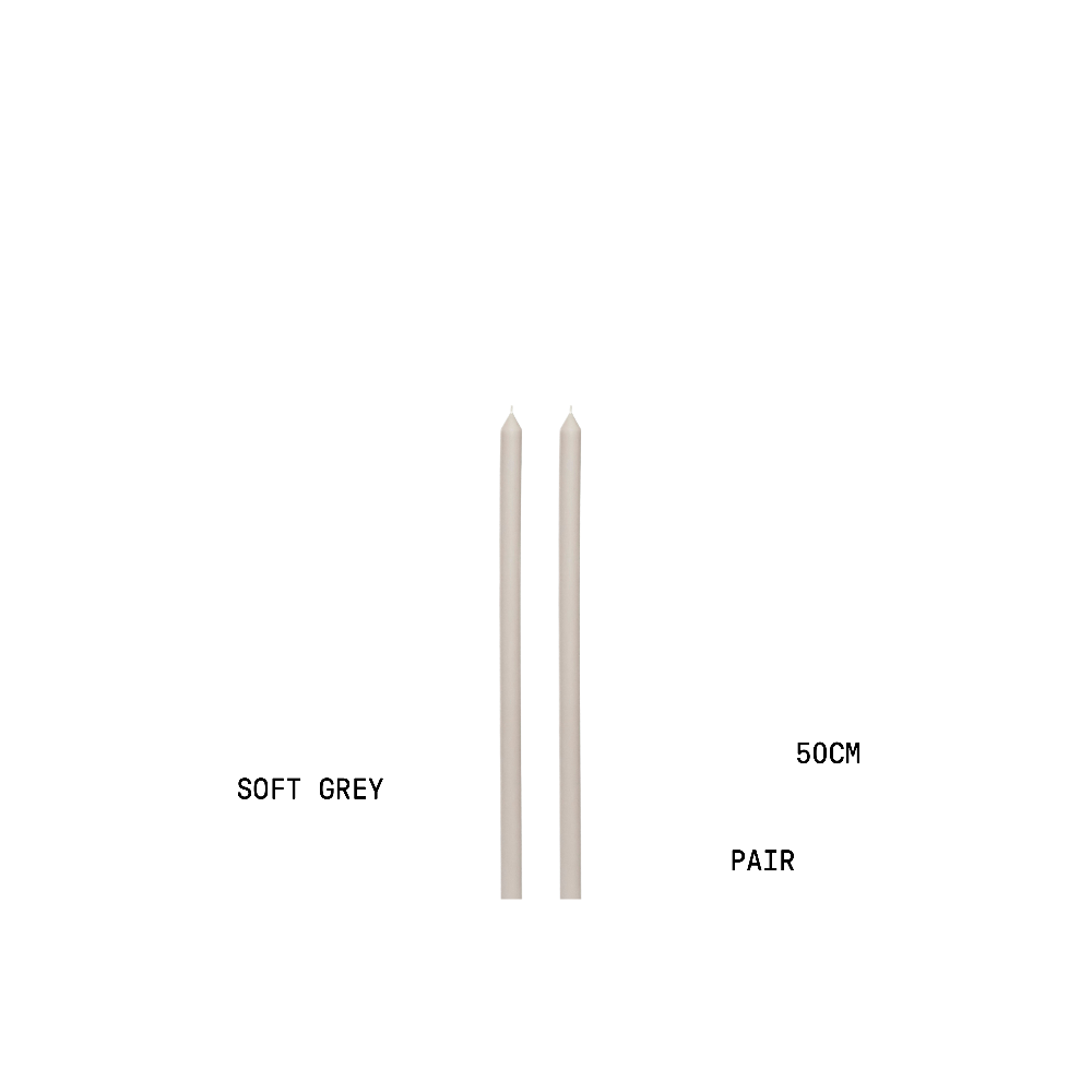 Two soft grey candles with measurements on a white background