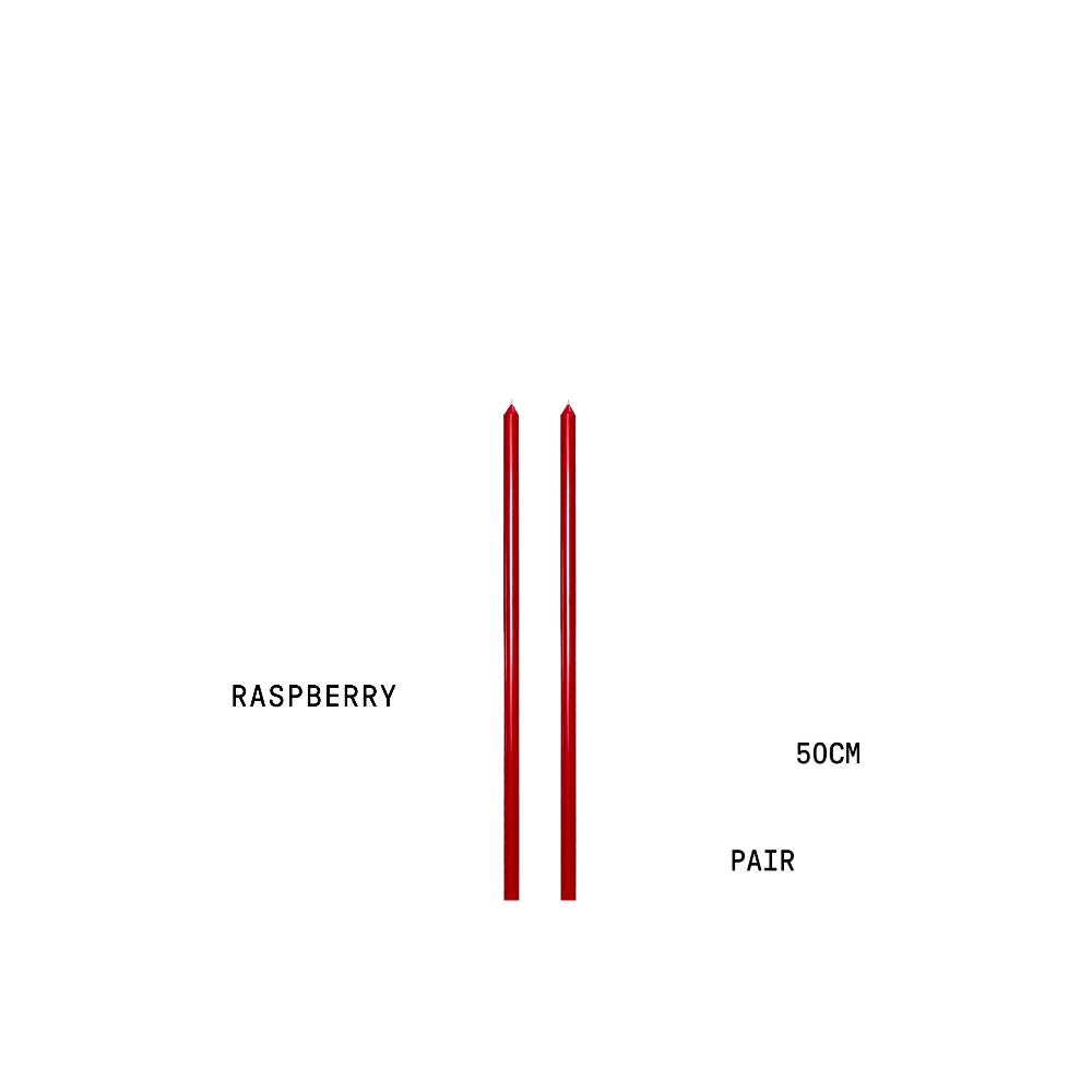 Two red candlesticks with text indicating 'Raspberry' and 'Pair' on a white background for tablescapes