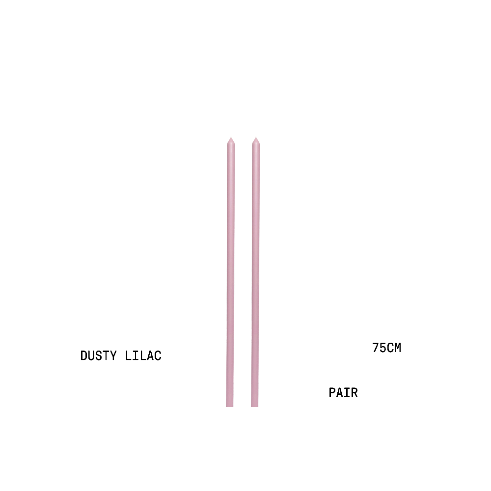 Two pink candles labelled 'Dusty Lilac' and '75CM Pair' on a white background.