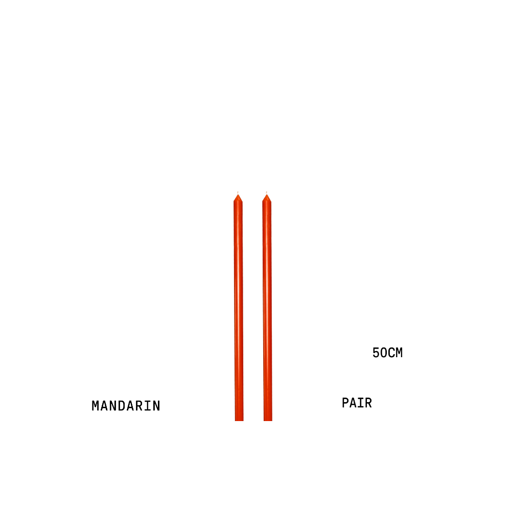 Two tapered mandarin orange candles with text indicating 'Mandarin', 'Pair', and '50cm' on a white background.