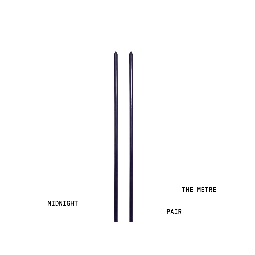 Two midnight blue candles with text 'Midnight' on the left and 'The Metre Pair' on the right against a white background.