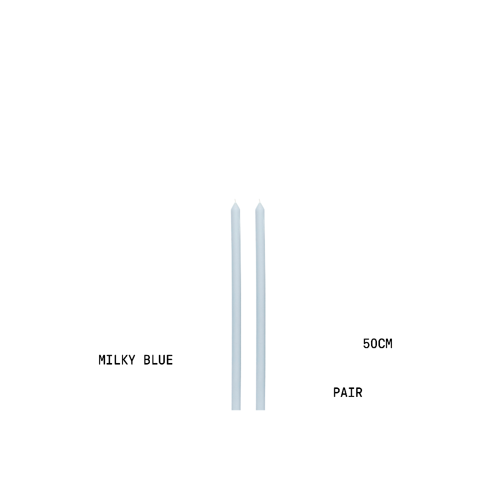 Two candles labelled 'Milky Blue' with a measurement of 50cm each on a white background.