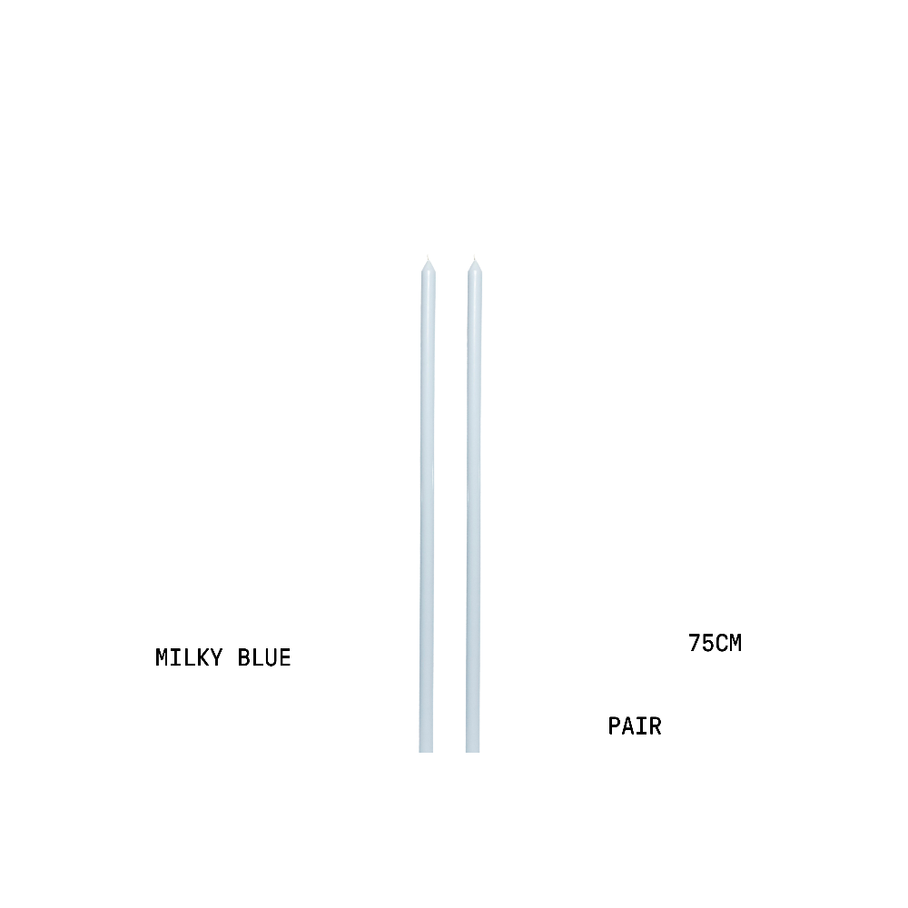 Two candles labelled 'Milky Blue' and '75CM Pair' on a white background.
